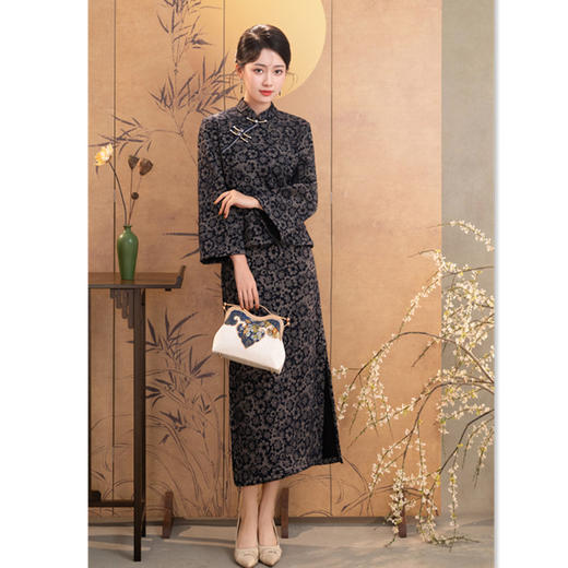 SKY 209677雪尼尔提花旗袍上衣两件套时尚改良新中式日常旗袍裙 商品图2