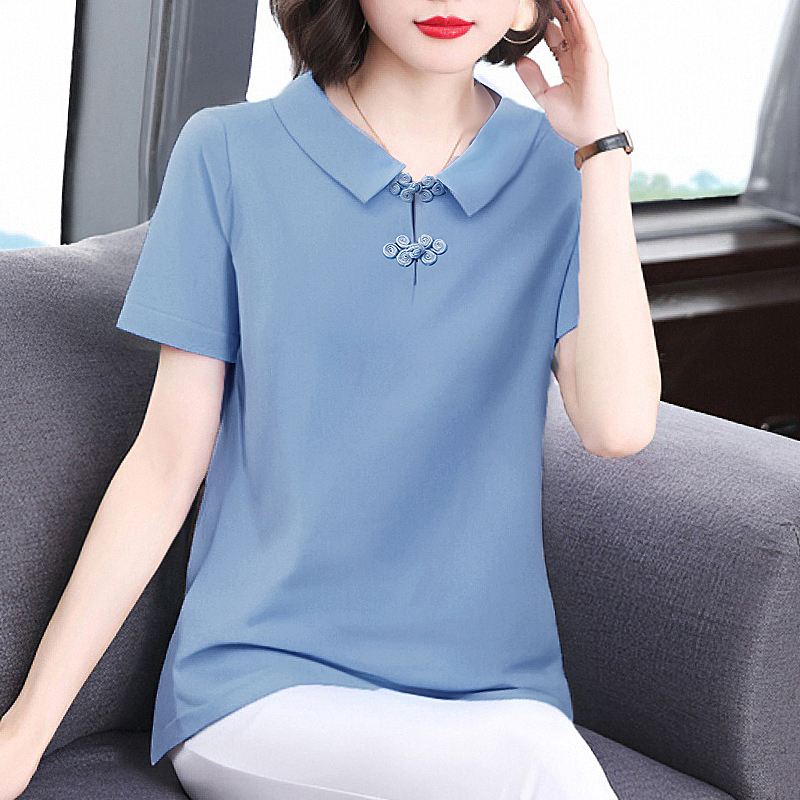 纯棉短袖女t恤2025夏季新款宽松大码女装妈妈半袖女士娃娃领上衣