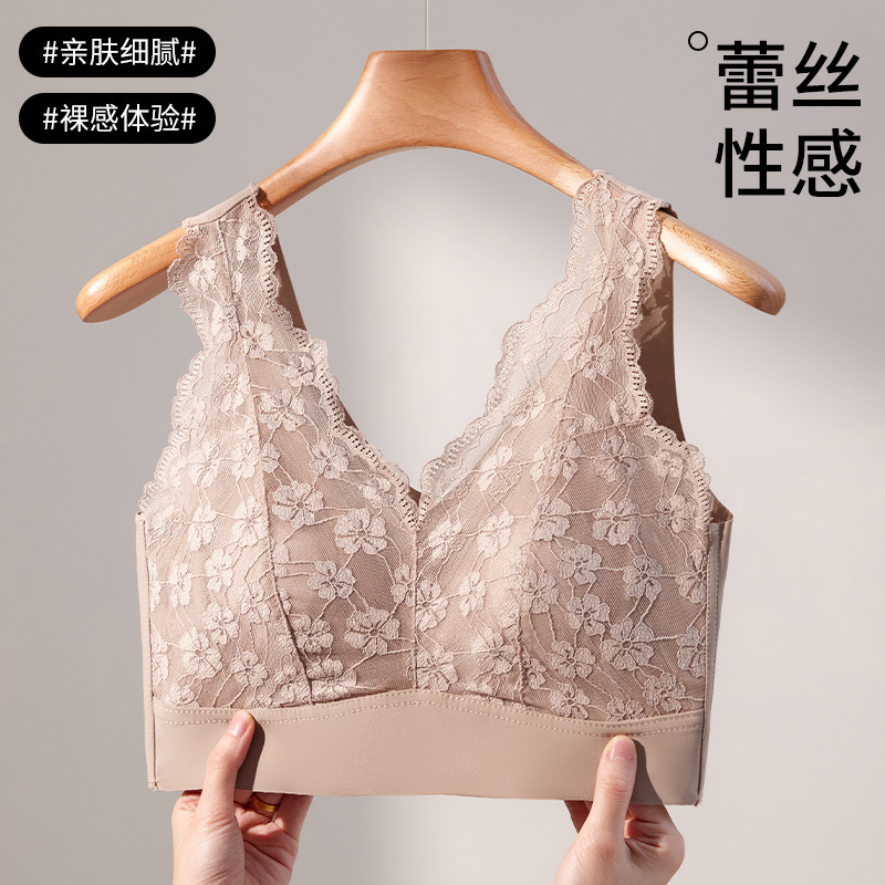 法式无痕蕾丝美背一体杯裹胸，固定杯薄款兔耳朵背心文胸