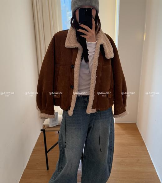【GZ】无忧购 皮毛一体加厚保暖立领复古短款麂皮绒羊羔毛外套女1837# 商品图8