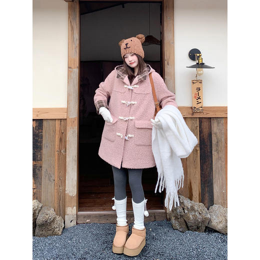 <曾小咸推荐> 现货秒杀！微信超特价！粉色连帽毛呢外套中长款牛角扣 日常339.99 立减160 秒杀179.99！ 商品图4