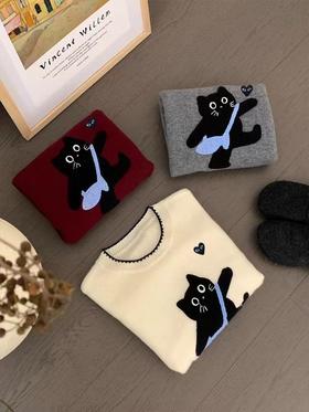 D112041宽松慵懒立体黑色小猫图案圆领毛衣针织衫