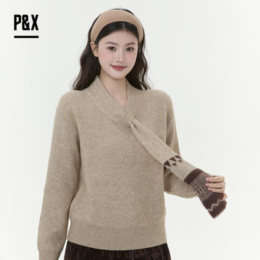 P&X设计师女装2025冬季宽松针织复古百搭短款毛衣825418164 卡其 商品图3