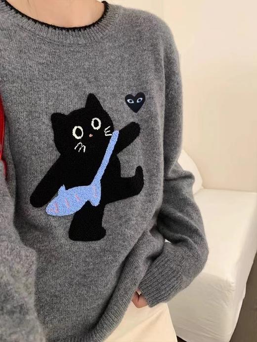 D112041宽松慵懒立体黑色小猫图案圆领毛衣针织衫 商品图8