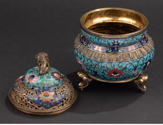 独角鹿西洋古董19世纪早期中国出品铜胎掐丝珐琅缠枝莲纹三足熏炉 商品图4