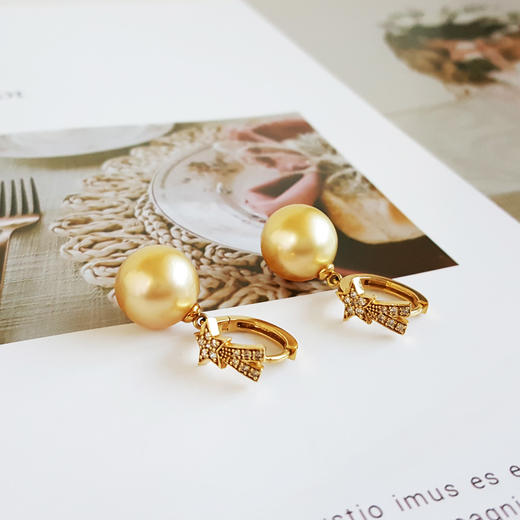 【天然正品】AU750精品黄金镶钻镶天然近完美约11.6MM南洋金色海水珍珠耳坠28.3*12.5*11.6MM（皆取最大值）女士031125TJ27 商品图5