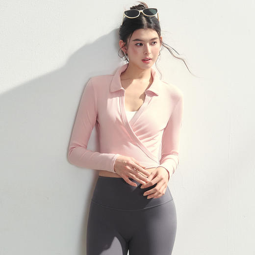 跃牌【禅语梵心】翻领系绳健身服女芭蕾运动上衣跑步长袖T恤CX3480 商品图3