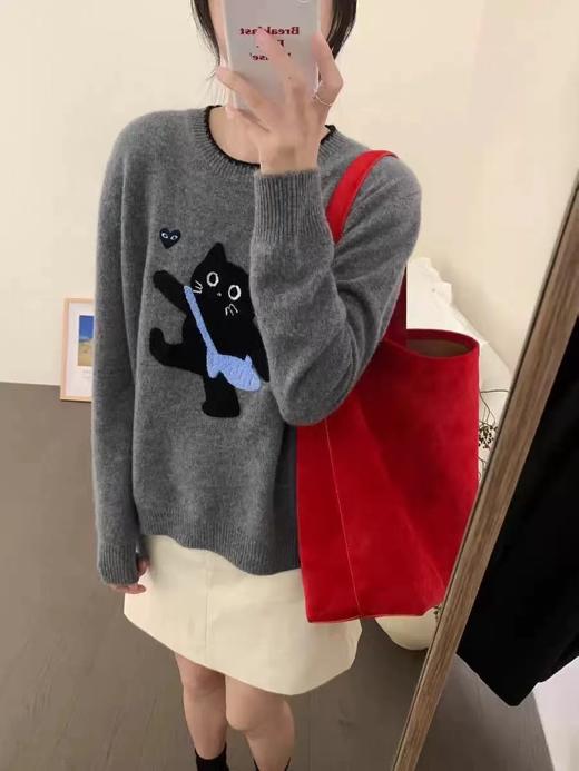 D112041宽松慵懒立体黑色小猫图案圆领毛衣针织衫 商品图2