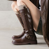 3.5cm~美拉德风真皮高筒靴，皮带扣骑士靴不过膝长靴粗跟棕色编织OLD-w1-22 商品缩略图0
