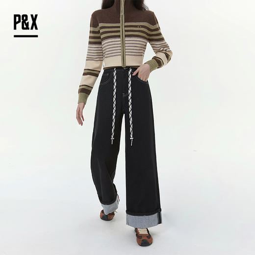 P&X设计师女装2025冬季阔腿加绒翻边复古牛仔长裤 825410159 藏青 商品图3