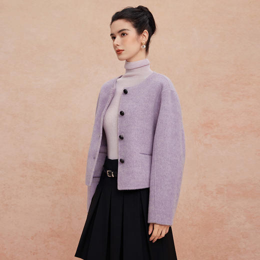 QH936斯尔丽25新款含羊绒含桑蚕丝复古小香风别致圆领小个子双面呢大衣 商品图5