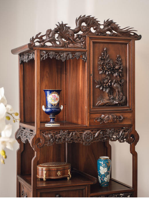独角鹿西洋古董20世纪初法国出品维多东方风格高浮雕祥龙花纹装饰缅甸花梨木多宝阁 商品图2