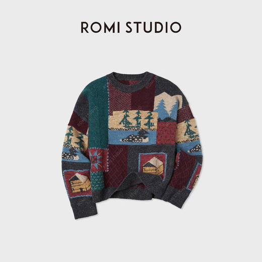 ROMI STUDIO”匠心针黹“绵羊毛复古提花手绣图案针织衫 RWCWST6243 商品图1