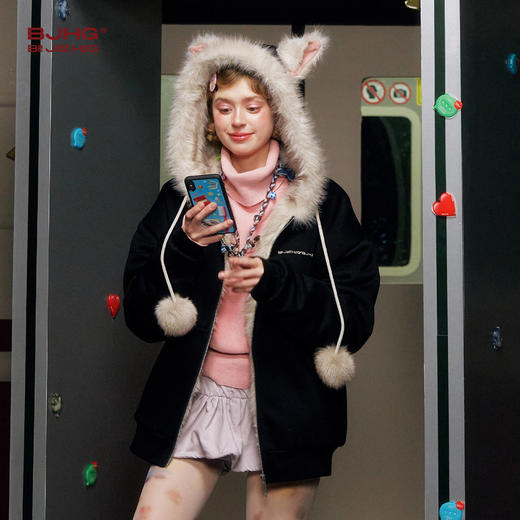 BJHG不计后果座山雕美式卫衣女款冬新款加绒保暖连帽拉链外套上衣 商品图1
