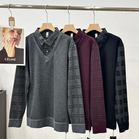 老爺車LAOYECHE男士保暖内衣加绒假两件长袖衬衫中青年大码加绒加厚男羊毛衫SS492