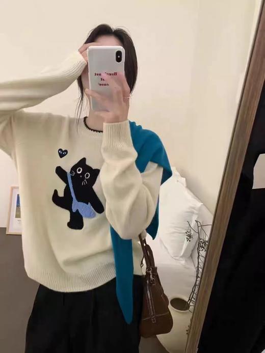 D112041宽松慵懒立体黑色小猫图案圆领毛衣针织衫 商品图4