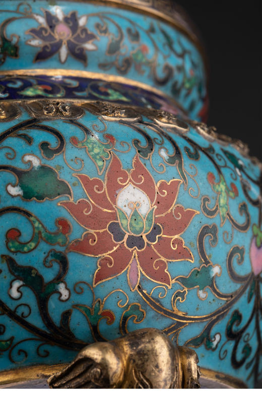 独角鹿西洋古董19世纪早期中国出品铜胎掐丝珐琅缠枝莲纹三足熏炉 商品图6