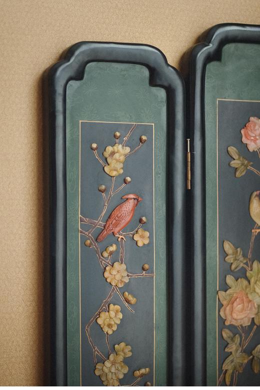 【已售】独角鹿西洋古董20世纪中国创汇时期出品「松鹤延年」主题硬石镶嵌五曲屏风 商品图1