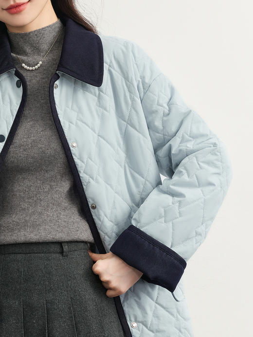 【周四狂欢价】熙世界学院蓝巴恩风棉服女短外套秋冬撞色翻领菱格棉衣 商品图4