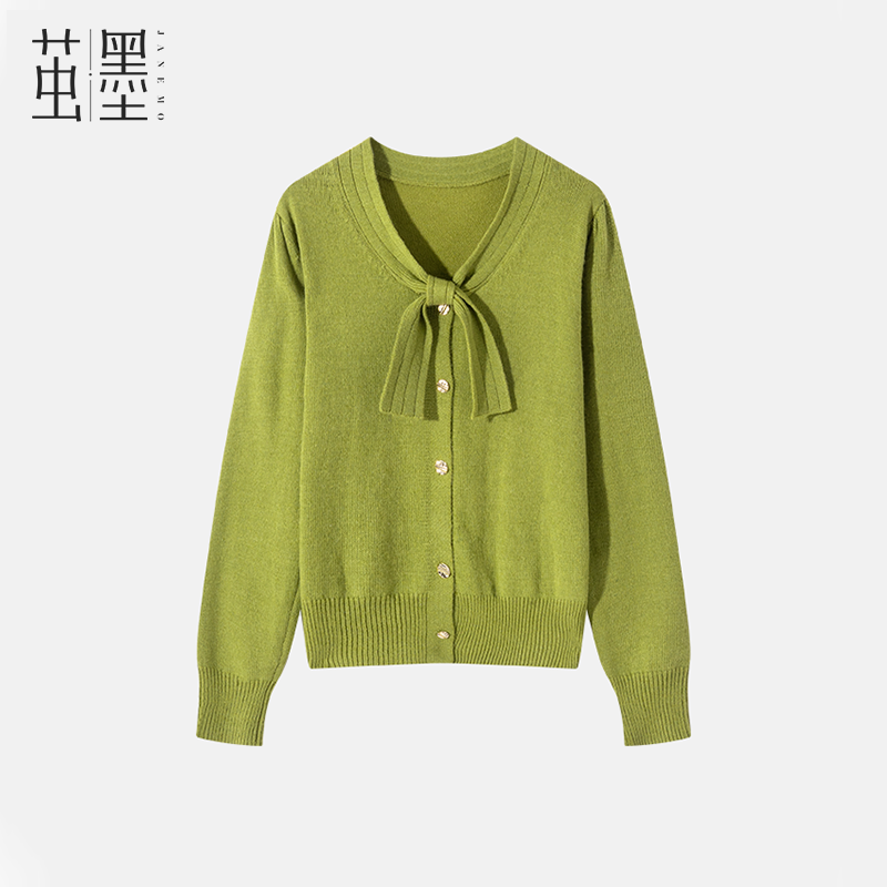 茧墨 优雅温柔蝴蝶结V领浣熊绒开衫毛衣