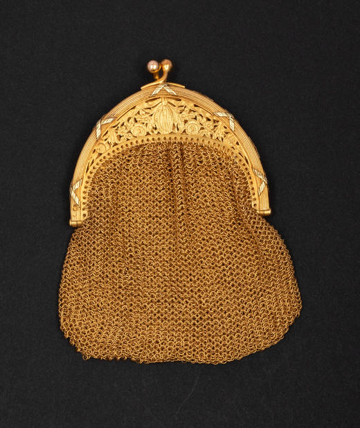 独角鹿西洋古董1900年代法国出品新艺术风格自然花叶纹精雕装饰18K黄金网状编织零钱包 商品图1