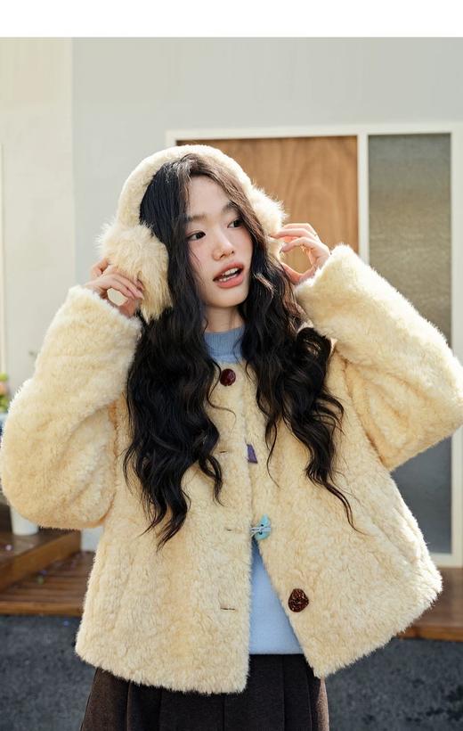 D112054浅黄色带围巾毛毛外套夹棉短款25秋冬季新款女装蓝色长袖上衣 商品图11