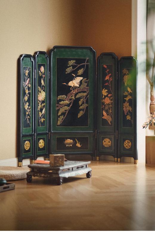 【已售】独角鹿西洋古董20世纪中国创汇时期出品「松鹤延年」主题硬石镶嵌五曲屏风 商品图0