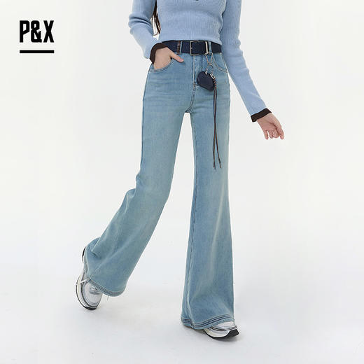 P&X设计师女装2025冬季街头风阔腿加绒牛仔长裤825410164 蓝色 商品图5