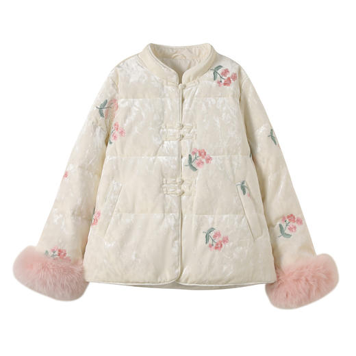 HR HJY257753中式羽绒服气质优雅国风白鸭绒外套狐狸毛袖口 商品图4