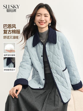 【周四狂欢价】熙世界学院蓝巴恩风棉服女短外套秋冬撞色翻领菱格棉衣