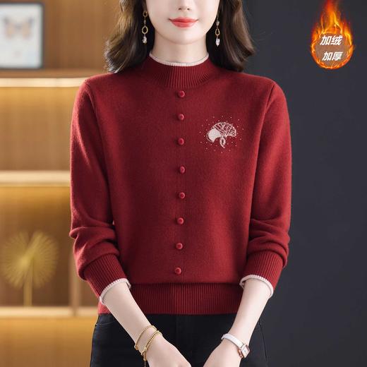 妈妈装冬款一体绒厚款，半高领针织衫刺绣保暖长袖毛衣潮CC-103-88033 商品图0