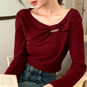 西遇长袖T恤韩系不规则蝴蝶结镂空针织显瘦正肩上衣P0044033