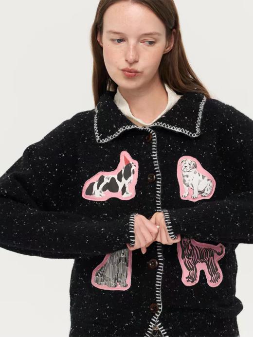 local tag/lt25awk42/小狗的拥抱 印花贴布绣纽扣杂点毛衣针织开衫 商品图3