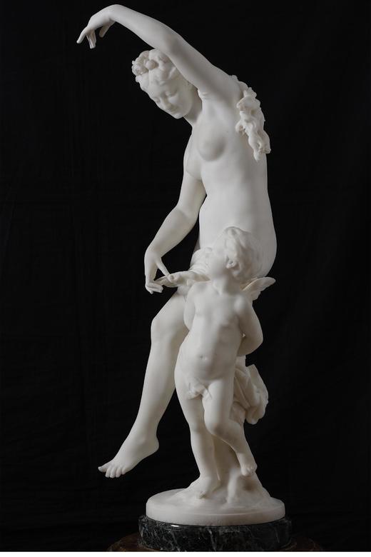 独角鹿西洋古董1890年代法国雕塑家Émile Boisseau签名出品卡拉拉大理石雕塑「维纳斯与丘比特Venus and Amor」 商品图1