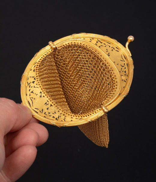 独角鹿西洋古董1900年代法国出品新艺术风格自然花叶纹精雕装饰18K黄金网状编织零钱包 商品图5