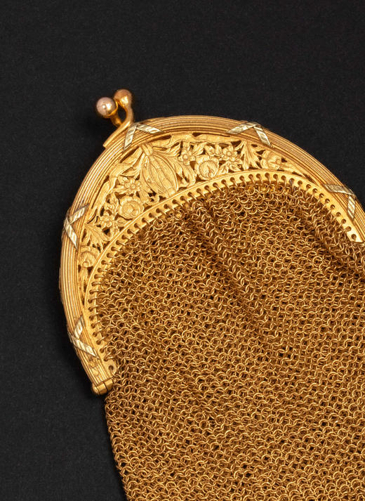 独角鹿西洋古董1900年代法国出品新艺术风格自然花叶纹精雕装饰18K黄金网状编织零钱包 商品图6