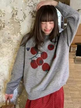 D112042冬日氛围感立体刺绣提花番茄图案圆领毛衣