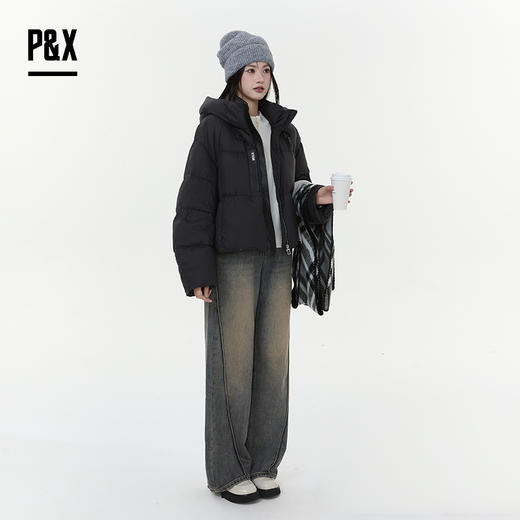 P&X设计师女装2025冬季时尚简约连帽短款羽绒服825424176 黑色 商品图2