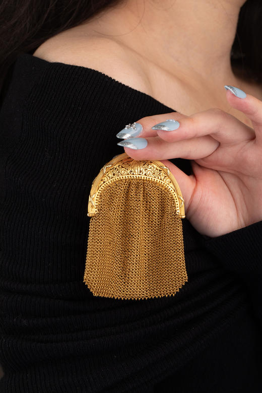 独角鹿西洋古董1900年代法国出品新艺术风格自然花叶纹精雕装饰18K黄金网状编织零钱包 商品图0