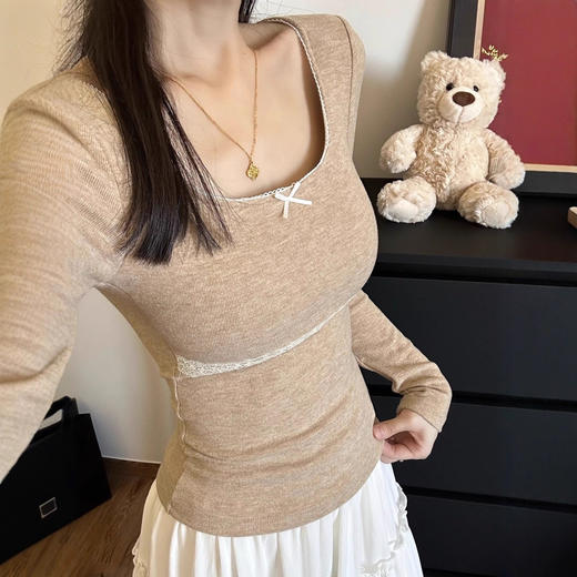 【GZ】无忧购带胸垫蝴蝶结纯欲蕾丝花边修身掐腰显瘦打底上衣5192（截单后3-5天发货) 商品图2