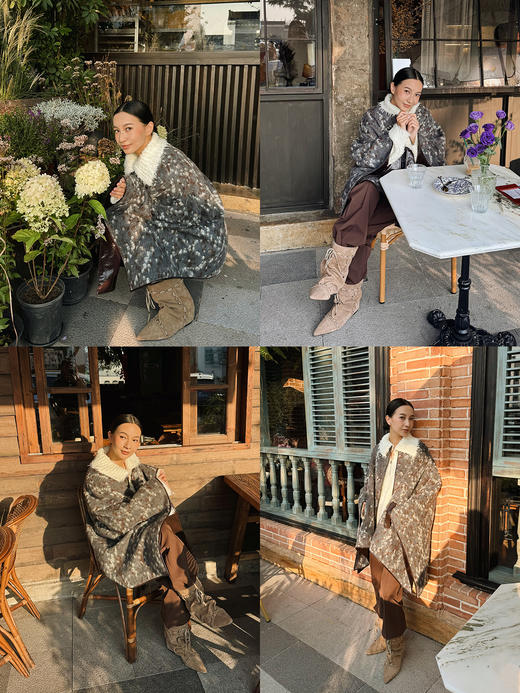 HIDEMI 大秀款进口羊驼毛绵羊毛混纺提花手工皮边镶嵌拼接斗篷大衣外套 商品图2