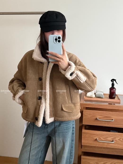 【GZ】无忧购 皮毛一体加厚保暖立领复古短款麂皮绒羊羔毛外套女1837# 商品图5
