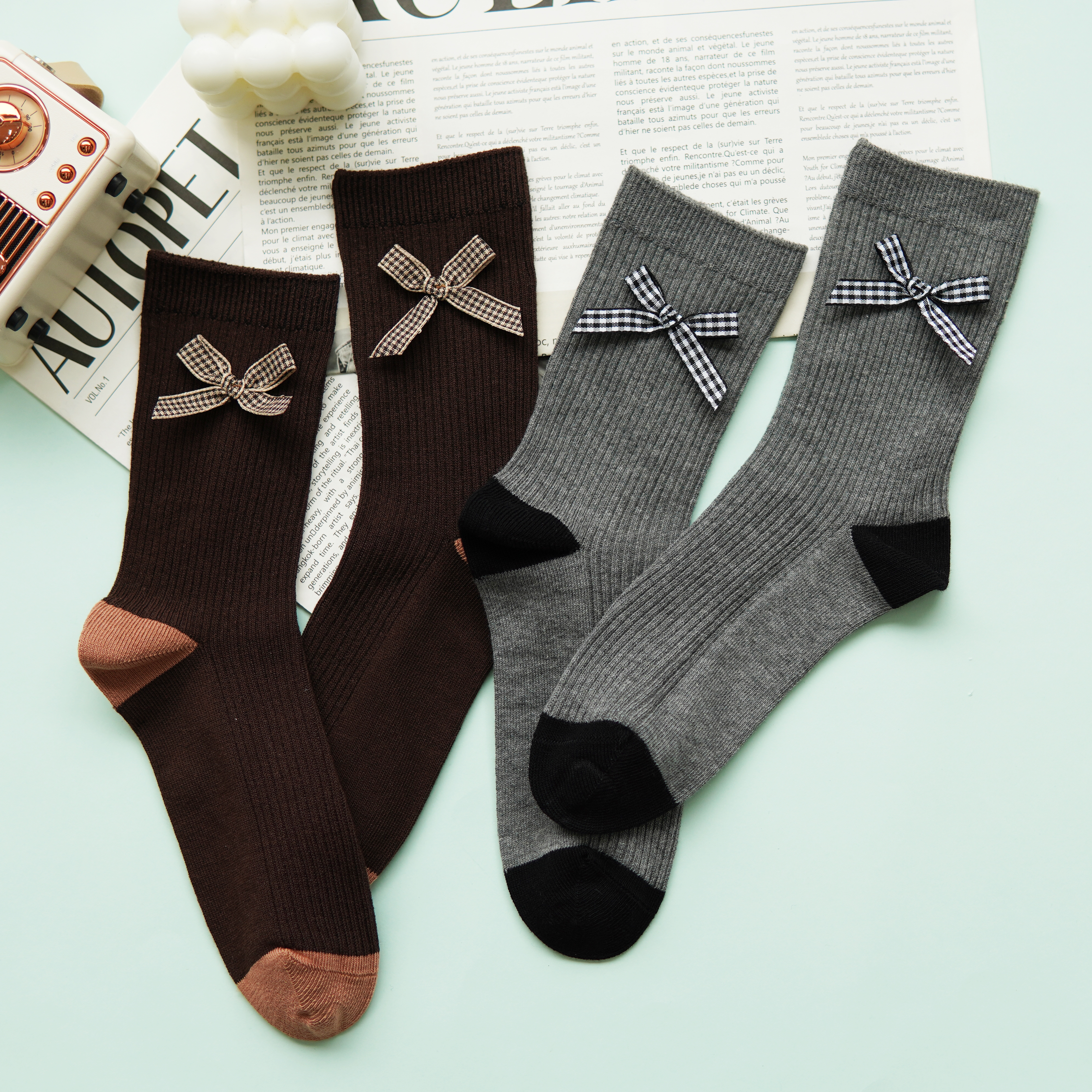 【59元3双】女士时尚袜蝴蝶结中长筒袜子女棉袜【1双装 2522502】