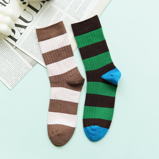 【59元3双】女士时尚中长筒棉袜宽条纹女士袜子四季双针棉袜【1双装 2522506】 商品图4