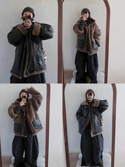 HIDEMI 双面两穿立领圈圈绒拼接复古做旧感加厚毛毛大衣外套 炭灰咖色 商品图2