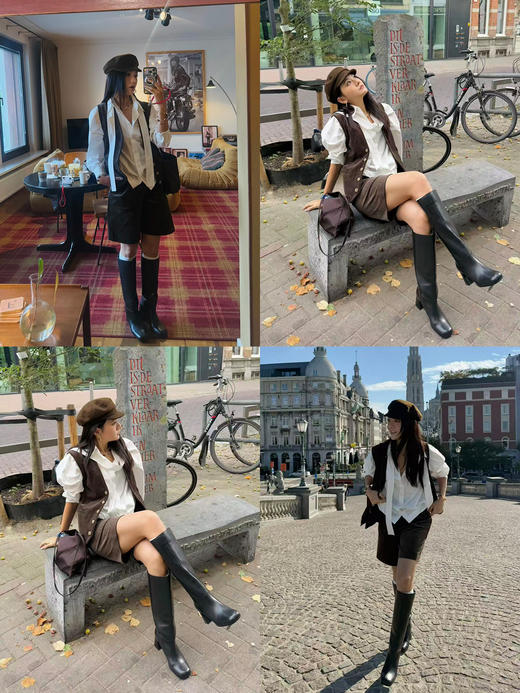 HIDEMI 进口意大利头层牛皮方圆头粗5cm中跟靴骑士靴高筒长靴 商品图6