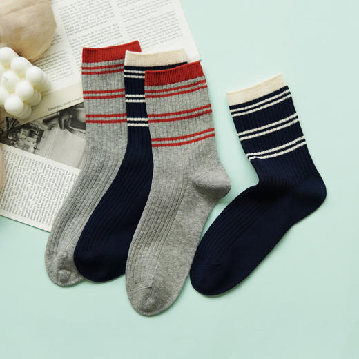 【2双装】女士双针棉袜中长筒女袜女士休闲条纹长袜【6双6折 2522201】 商品图2