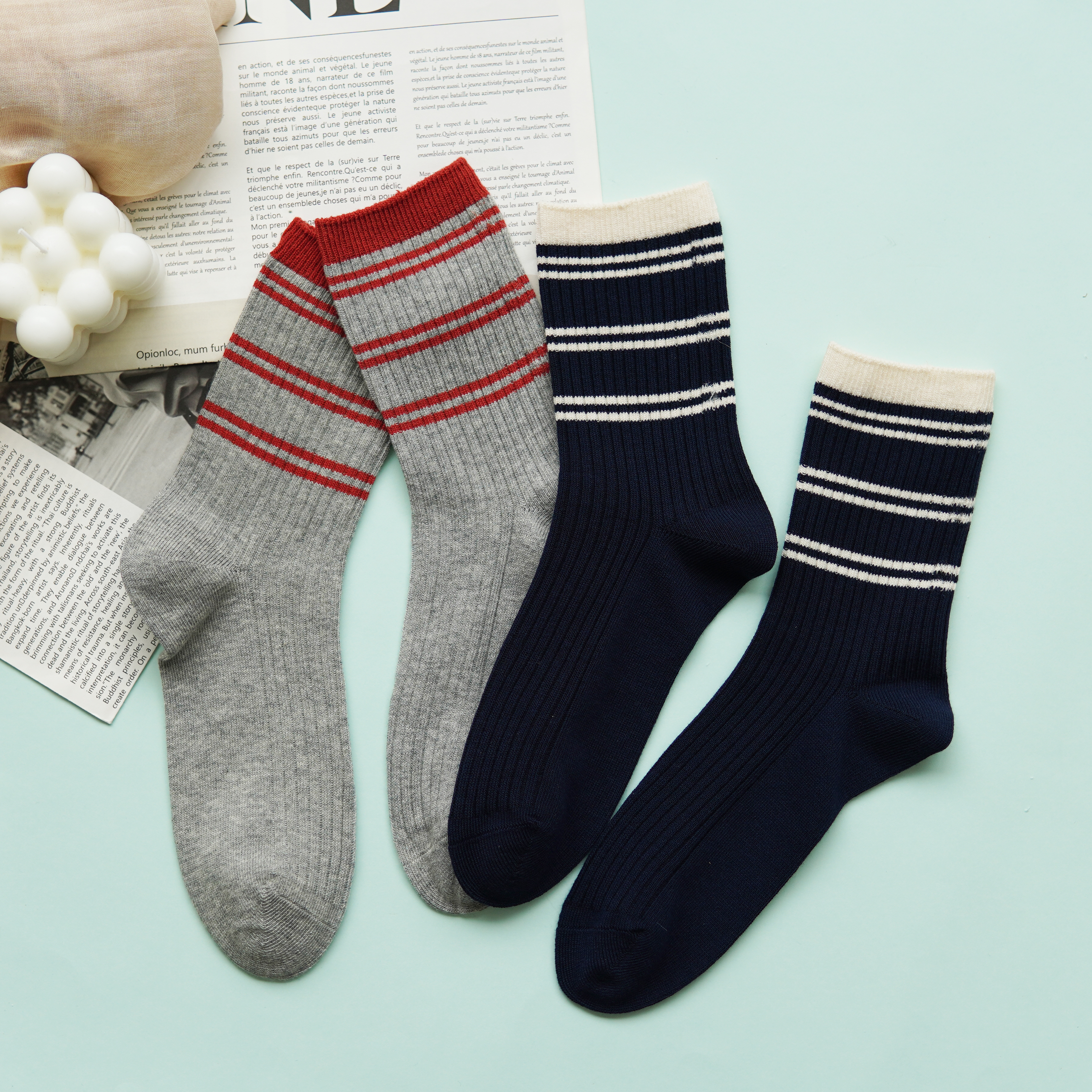 【2双装】女士双针棉袜中长筒女袜女士休闲条纹长袜【6双6折 2522201】