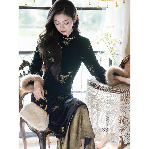 改良年轻款复古千金风气质修身丝绒鱼尾旗袍LSB 商品图3