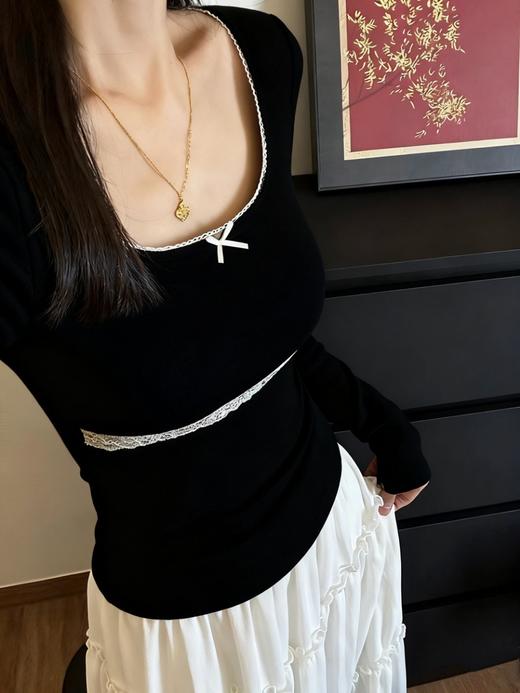 【GZ】无忧购带胸垫蝴蝶结纯欲蕾丝花边修身掐腰显瘦打底上衣5192（截单后3-5天发货) 商品图5